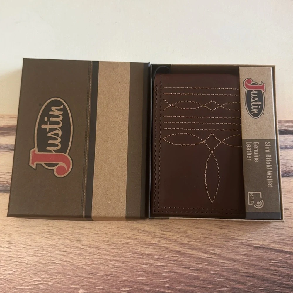 Justin Boots Genuine Leather Slim Bifold Brown Boot Stitch RFID Wallet